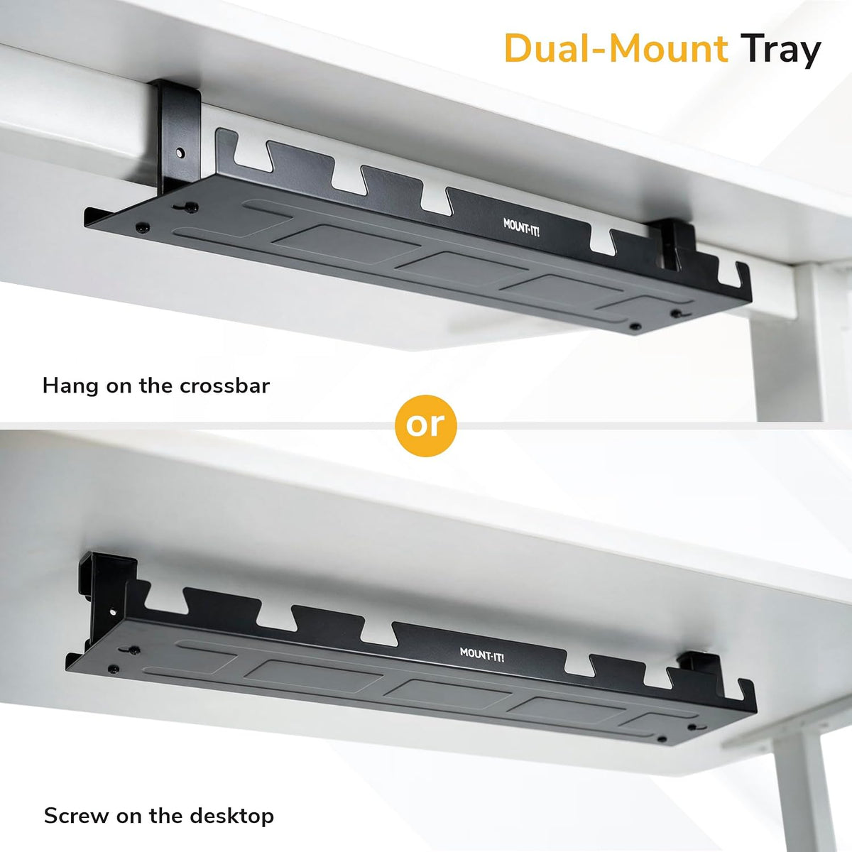 Mount-It! Premium Under Desk Cable Management Tray – 23" Heavy-Duty Steel Cable Tray & Cord Basket for Standing Desk & Home Office, Secure Crossbar or Screw Mount Wire Organizer (Black)