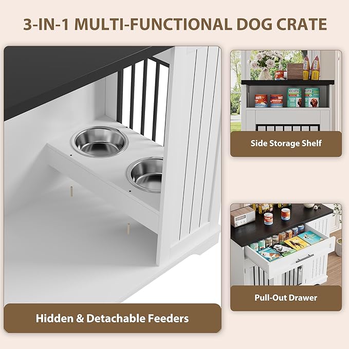 Dog Crate, 44 Inch Dog Crate Furniture End Table, Built-in Feeder Dog Kennel Indoor Kennel, Drawer Storage Small Dog Crate Dog Kennel Furniture Large Dog Crate, White + Walnut Wood