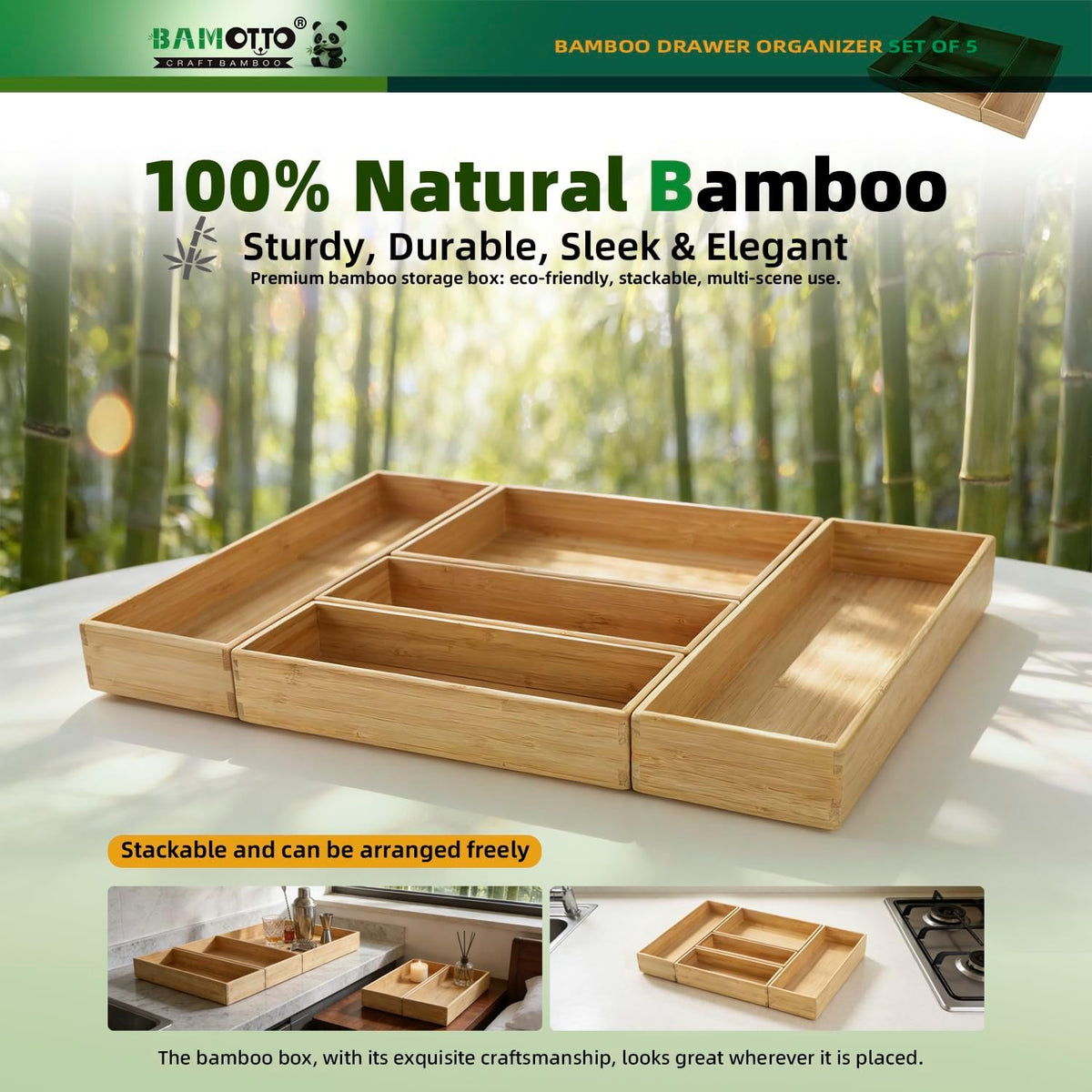 BAMOTTO CRAFTBAMBOO Stackable Bamboo Drawer Organizer Set of 5 for Kitchen