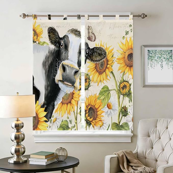 Yellow Sunflowers Bathroom Curtains 63 Inch Length, Window Curtains Tab Top