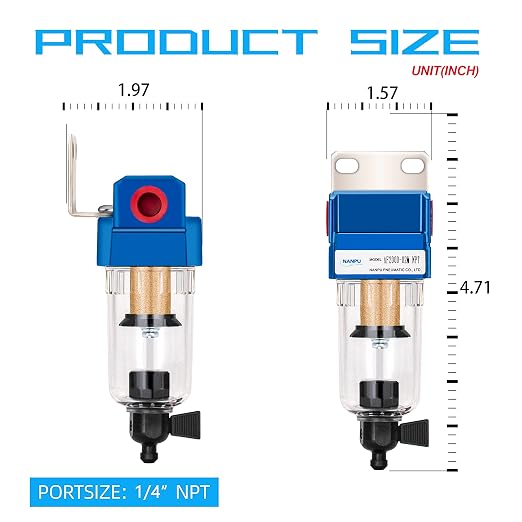 NANPU 1/4" NPT Compressed Air Line Filter, 5 Micron Brass Element, Manual Drain