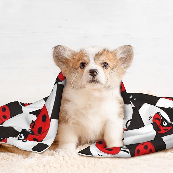 Waterproof Dog Blanket Soft Pet Blanket for Puppy Cat, Fleece Cat Throw Blankets for Furniture Bed Couch Sofa Reversible - Ladybugs of Black and White Checkers