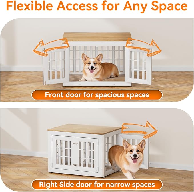 32" Heavy Duty Dog Crate Furniture for Small,Medium and Large Dogs,Rustic Wooden Dog Cage Kennel Indoor Furniture with Waterproof Top,Decorative Pet House Side End Table (White & Wood)