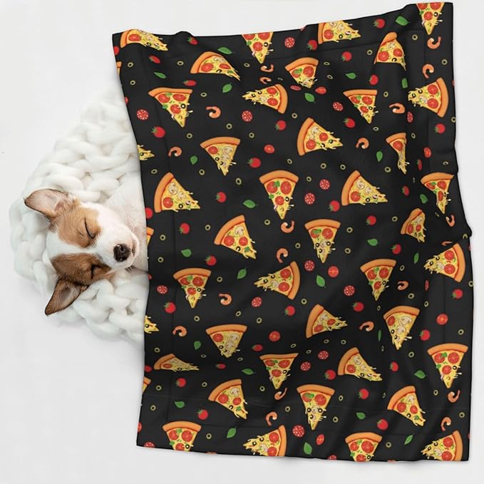 Two Sided Pet Cuddler Blanket for Anxiety Calming, Cartoon Pizza Slices, Reversible Plush Design with Bubble Dot Pattern Provides Familiar Surface Anywhere