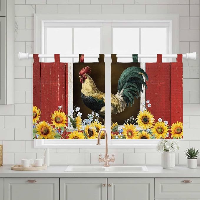 Chicken Sunflowers Kitchen Curtains 36 Inch Length, Small Window Curtains Tab