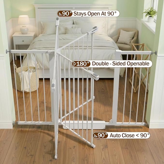 Mumeasy 36" Extra Tall Baby Gate for Doorways, 29.7"-57" Extra Wide Dog Gate for Stairs, Pressure Mounted Auto Close Pet Safety Gate with Easy Walk Thru Door, Large Indoor Child Gate for House, White