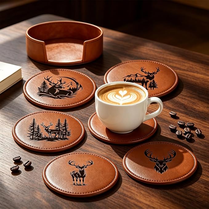 6 Packs Stag Pattern Leather Coaster