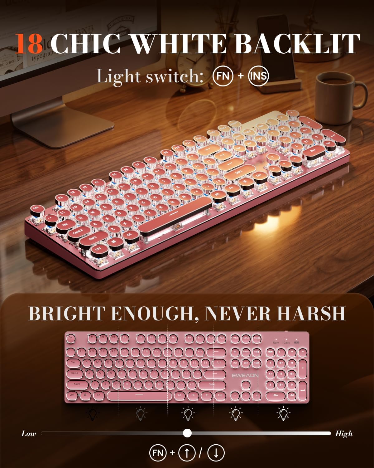 Wireless Typewriter Style Mechanical Keyboard with White Backlit, Pink