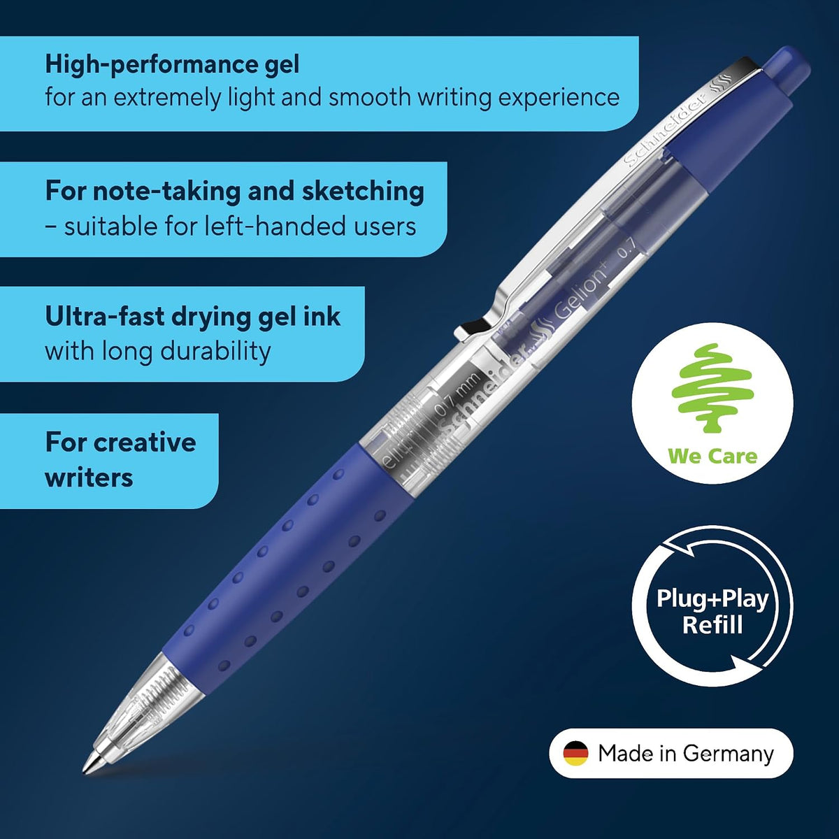 Schneider Gelion+ Gel Pen, Refillable and Retractable, Gel Ink, 0.7 mm, Transparent Barrel, Blue Ink, Box of 10 Pens (101003)