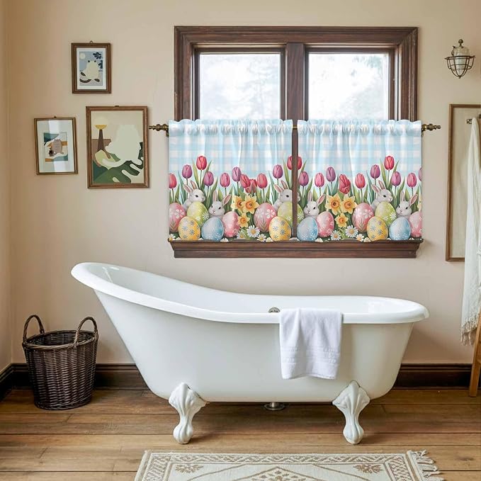 Easter Kitchen Tier Curtains 36 Inch Long 2 Panel Set, Rod Pocket Half Window