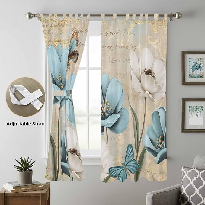 Spring Flowers Living Room Curtains 84 Inch Length, Window Curtains Tab Top
