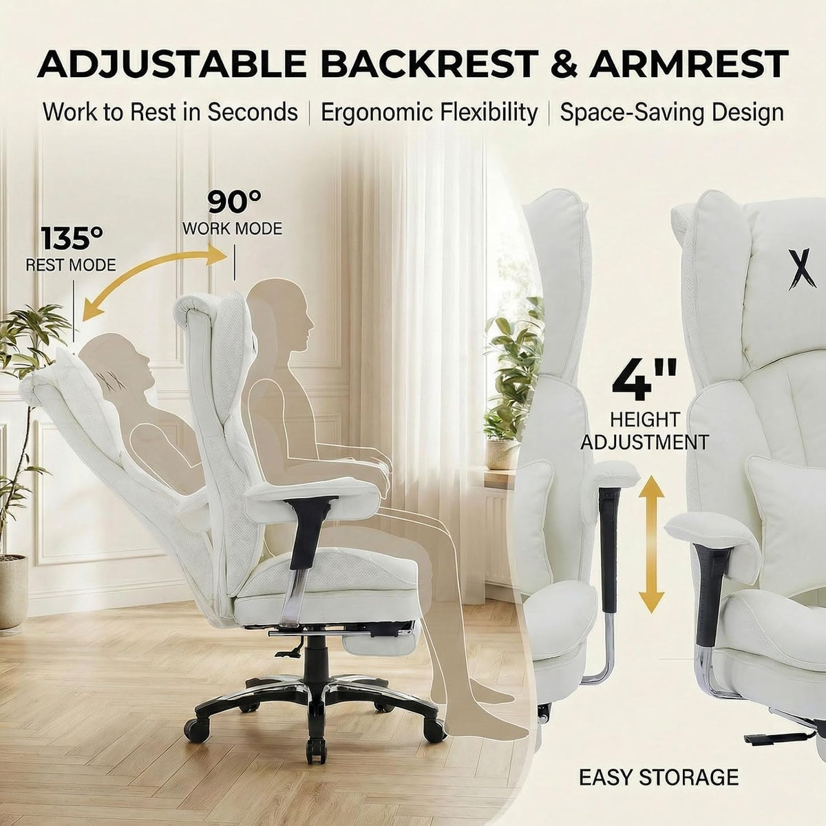 Efomao Big & Tall Executive Chair, Wide Office Chair with Footrest White-L