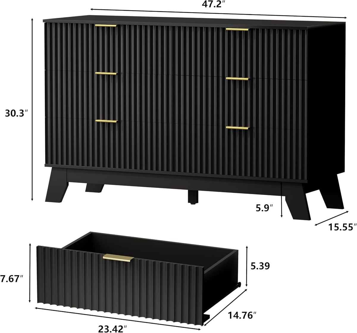 6 Drawer Dresser for Bedroom, Fluted Dressers Chest of Drawers, Black