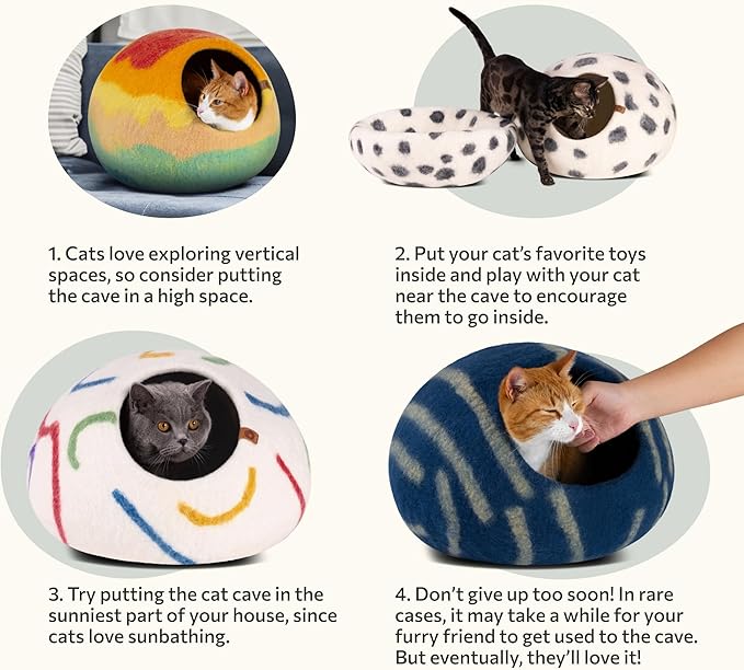 MEOWFIA Cat Cave – Premium Felt Cat Bed for Indoor Cats, Handmade 100% Merino Wool (Large, Deep Azure)