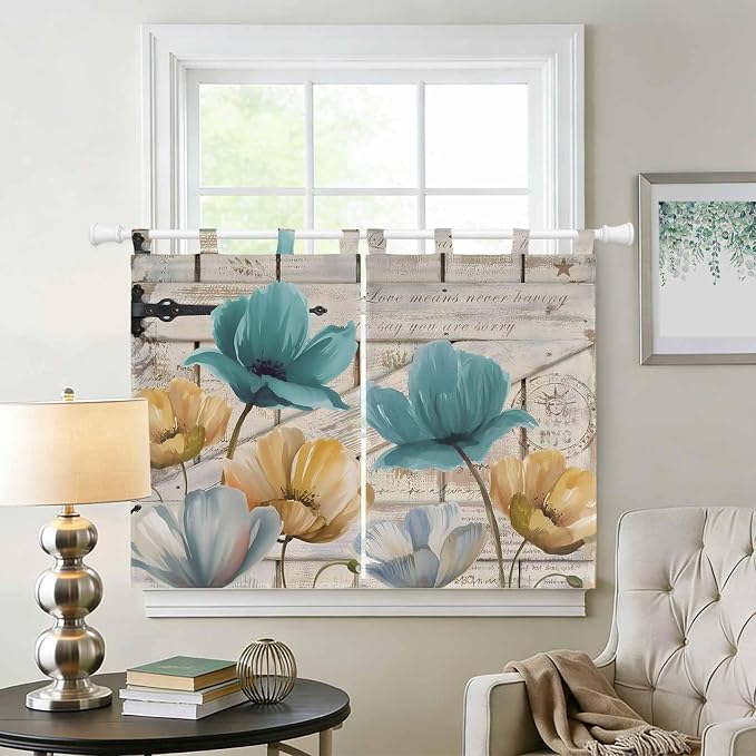 Watercolor Flowers Bedroom Curtains 63 Inch Length, Window Curtains Tab Top
