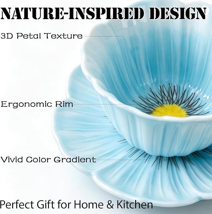 8.8 oz Tea Cups and Saucers, Flower-Shaped Ceramic Latte Art Cappuccino Cup and