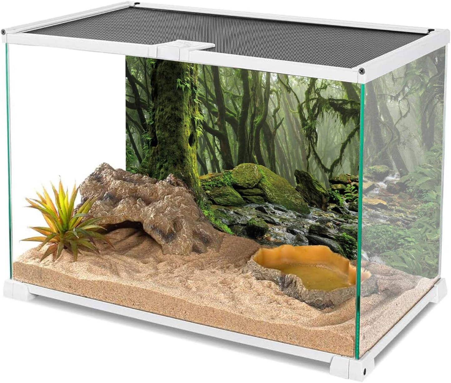 AWERT Foggy Forest Terrarium Background Stream Green Huge Tree Reptile Habitat Background Tropical Rainforest Aquarium Background 48x24 inches Durable Polyester Background