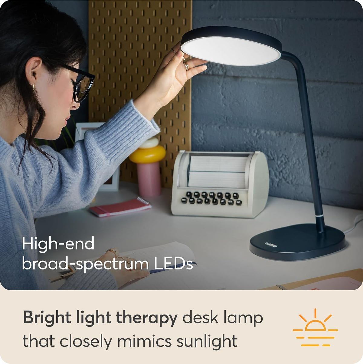 Lumie Task - 10,000 Lux Adjustable Bright Light Therapy Desk Lamp for Mood and Energy Boost and Winter Blues Relief, Crystal Clear Illumination and Maximum Visual Comfort - White Mist (Charcoal Blue)
