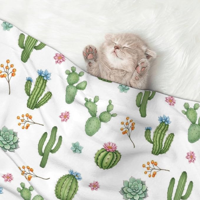 Double Sided Plush Pet Blanket with Cozy Dot Texture and Smooth Reverse, Watercolor Elements Succulent Plants Cactus, Reversible Throw for Dogs Cats on Couches Beds Crates
