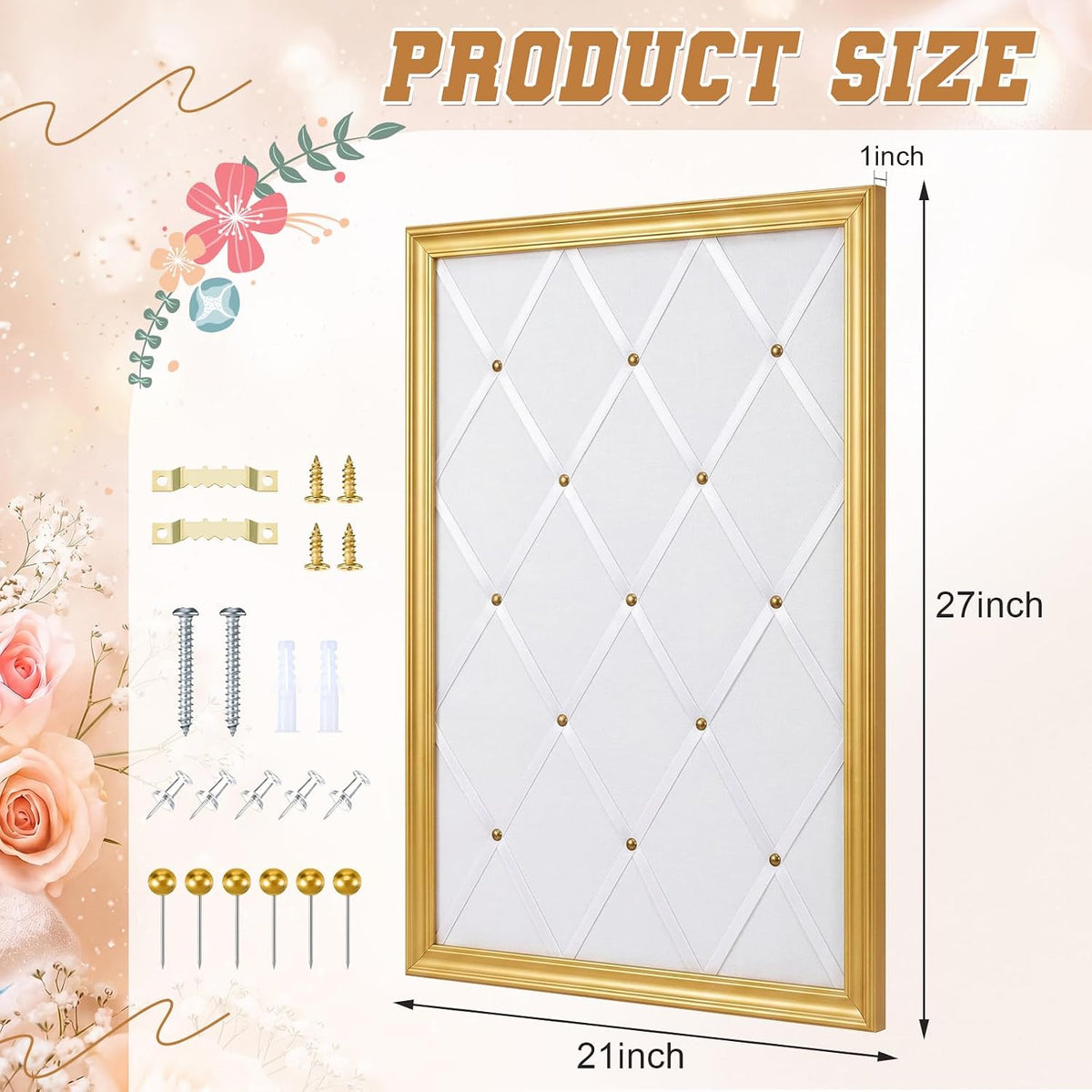 DoubleFill White Bulletin Board 21"×27" Linen Fabric Decorative Board Hanging Memo Boards for Women Large Cork Bulletin Boards for Home Office with 20 Pushpins - White Linen with Gold Frame