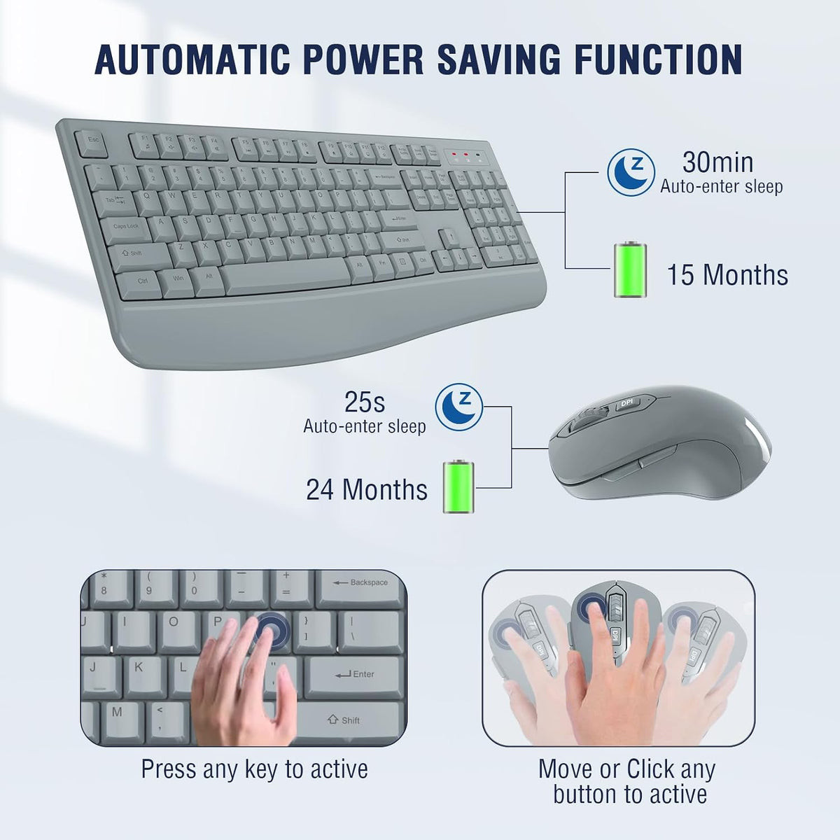EDJO Wireless Keyboard and Mouse Combo, USB Plug & Play (Grey)