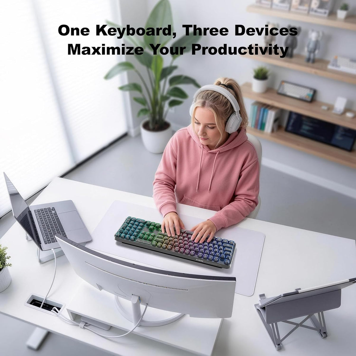 MOFII Tri-Mode Wireless Keyboard, Transparent Full-Size with RGB Backlit, Bluetooth 5.0/2.4G USB/Wired Gaming Keyboard for Windows Mac PC Laptop, Black – Office & Gamers