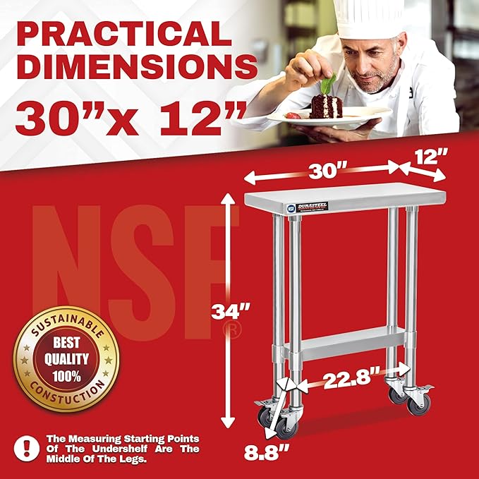 DuraSteel 30x12 NSF Stainless Steel Cart - Heavy Duty Rolling Food Prep Table with Undershelf - Metal Utility Cart for Commercial Restaurant Kitchen, Laundry, Side Mixer Stand