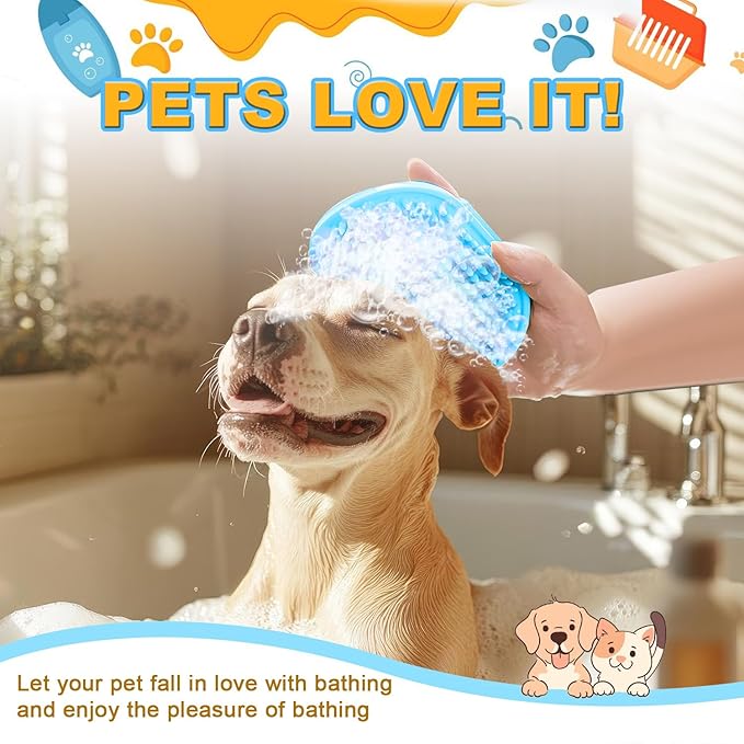 3Pcs Dog Bath Brush, Dog Scrubber for Bath, Dog Shampoo Brush Bubble Maker, Dog Paw Washer, dog grooming Massage Brush with Adjustable Ring Handle, dog accessories for Short & Long Hair -Blue