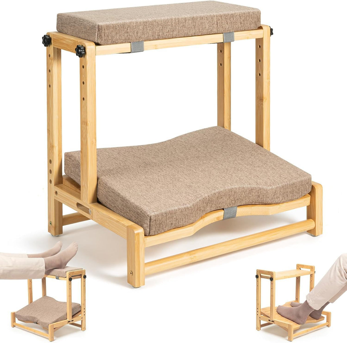 Adjustable Wooden Under Desk Footrest, Ergonomic Double Step Desk Foot Stool with Removable Cushion,Adjustable 4 Heights Leg Rest, Wide Foot Rest Under Desk Ideal for Office, Gaming, and Study