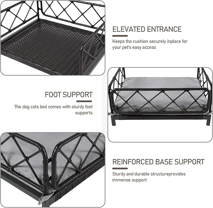 Boho Rattan Dog Bed, Pet Sofa Couch Bed with Removable Cushions - Indoor/Outdoor Durable Pet Furniture for Small/Medium Dogs (Black)