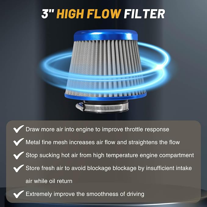 3" 76mm Universal High Flow Cold Air Intake Air Filter Upgraded Stainless Steel