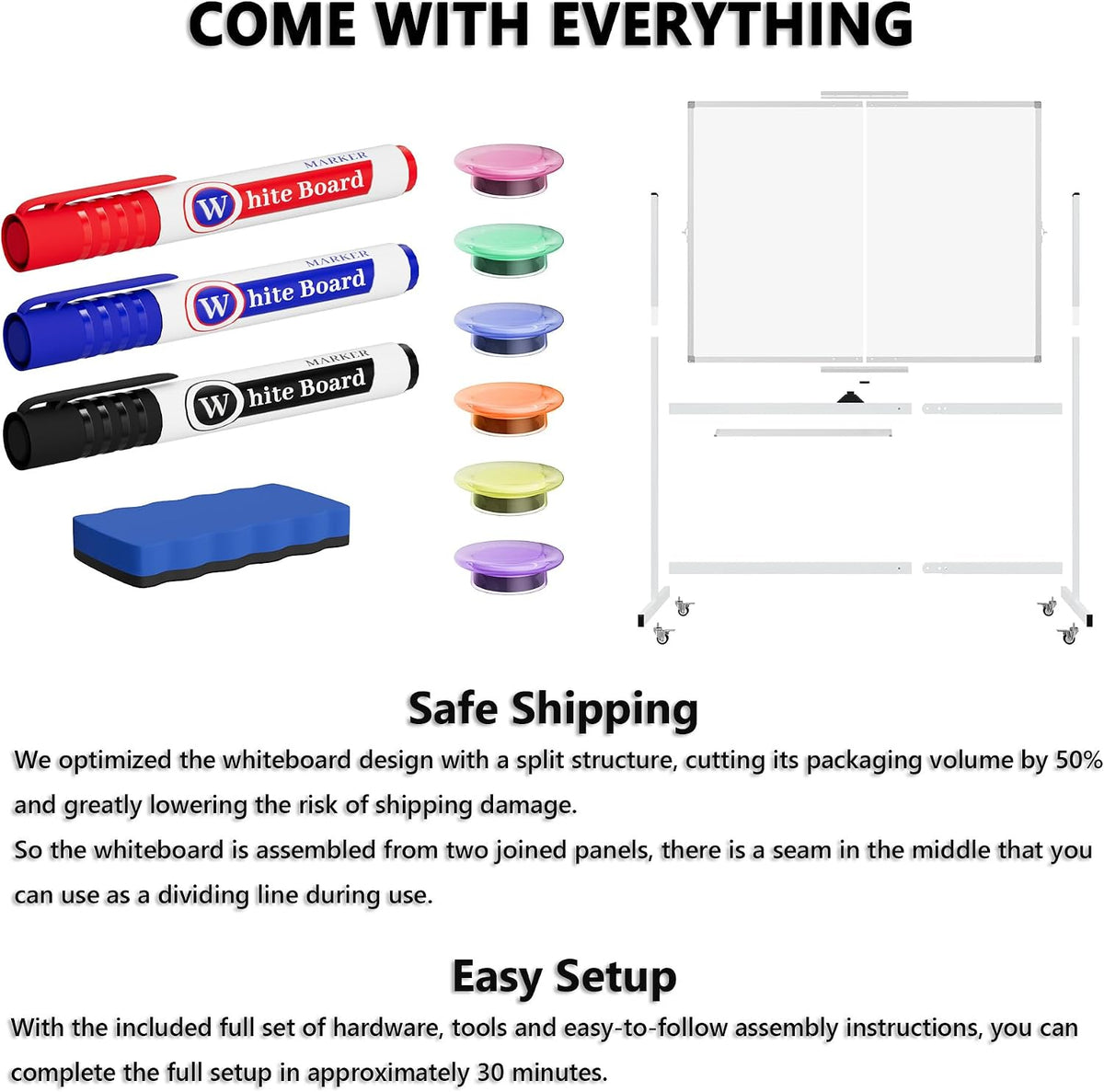Large Rolling Whiteboard on Wheels, 48" x 36" Double-Sided Mobile White Board with Stand, 4' x 3' Portable Standing Magnetic Dry Erase Board Easel for Home Office Classroom School, Silver