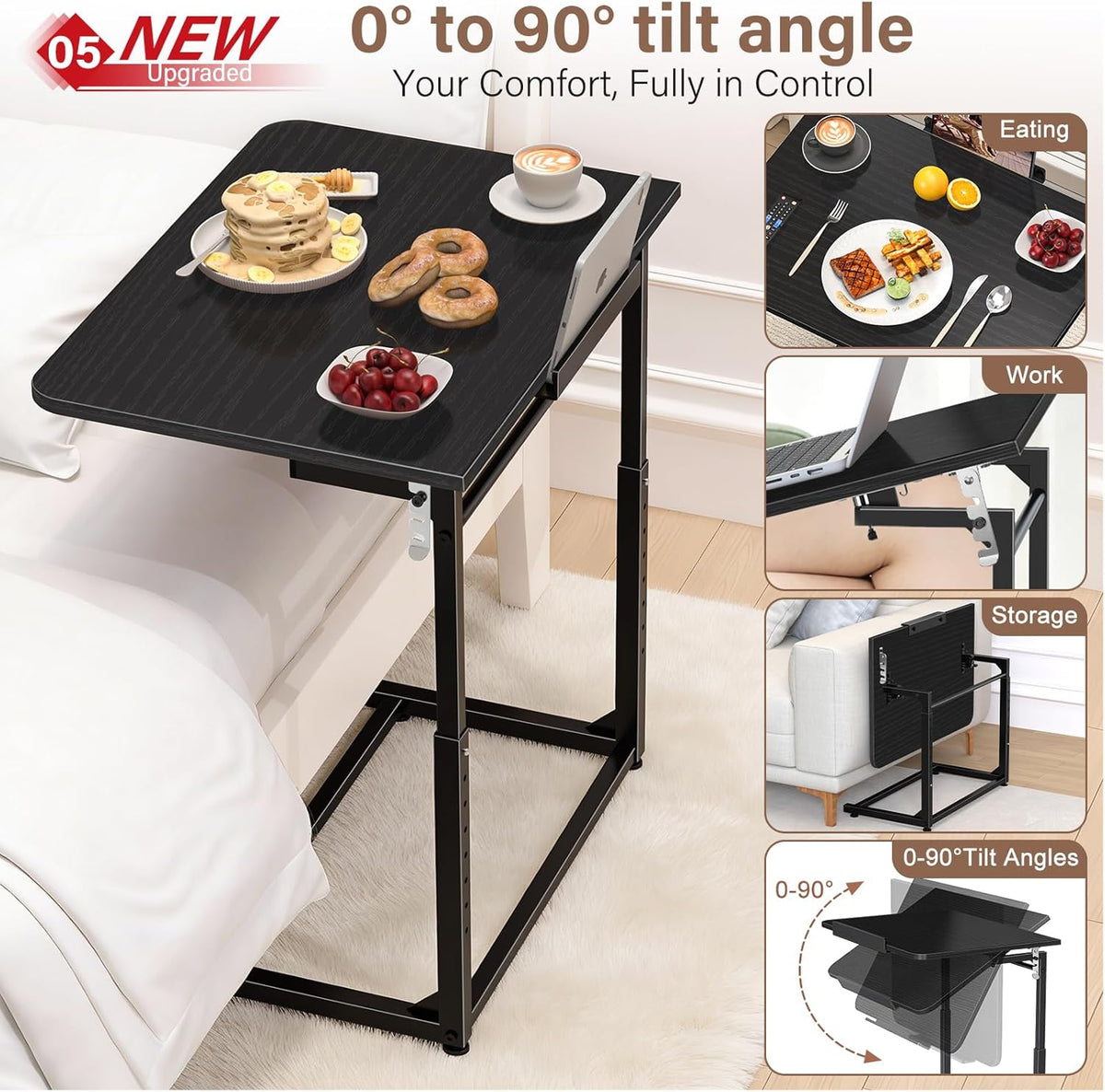 Extra Large Heavy Duty TV Tray Table, 23.6" Folding C-Shaped Laptop Desk for Couch & Bed, Height & Tilt Adjustable Overbed End Table with Phone/Tablet Slot, Easy Clean Black Finish for Small Spaces