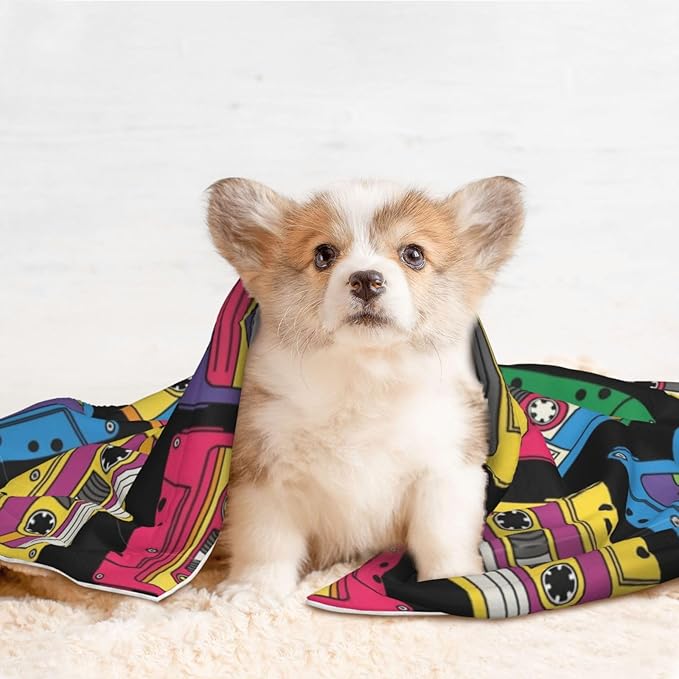 Double Sided Pet Mat for Dog Bed Topper Cat Blanket Furniture Protector, Colorful Retro Cassette Pattern, Reversible Plush with Tactile Dot Pattern for Style Change