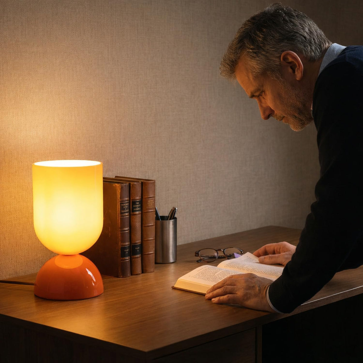 8.9" Dimmable Modern Glass Table Lamp with Dome Base, Glossy Orange