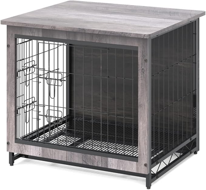 Feandrea 27.2" Dog Crate Furniture, Indoor Dog Cage Side End Table, M Pet Wood Kennel for Medium and Small Dogs up to 30 lb with Multi-Purpose Removable Tray, Double-Door Pet House, Greige
