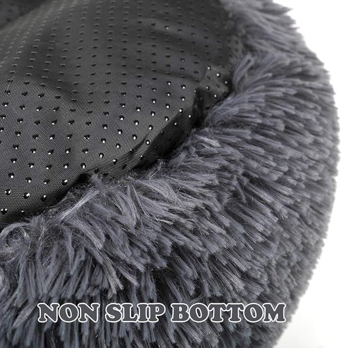 otoez Round Donut Dog Bed for Small Dogs, Washable Cat Calming Bed Cuddler Anti Anxiety Fluffy Plush Dog Cat Bed with Non-Slip Waterproof Bottom (23.6", Dark Grey)