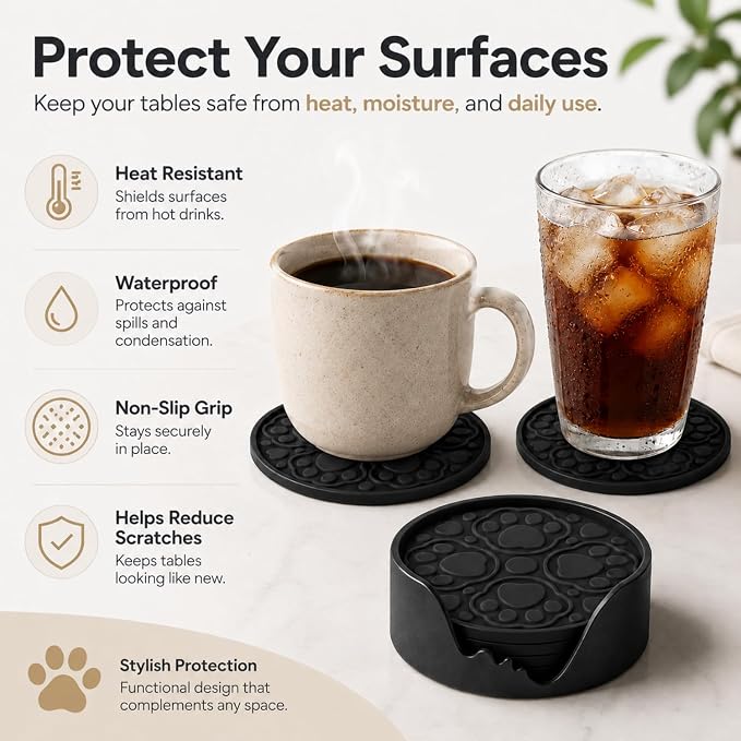 Black Silicone Coasters with Holder, 4 Inch Modern Non-Slip Drink Coasters Set