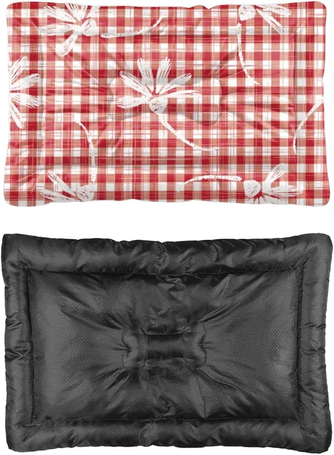 Red Floral Plaid Classic Dog Beds and Furniture Dog Travel Mat Pads Large Crate Bedding Washable Non-Slip Cushion for Crate Teal Bed Mats Cage for Small Pets Indoor Outdoor 36X24 Inch