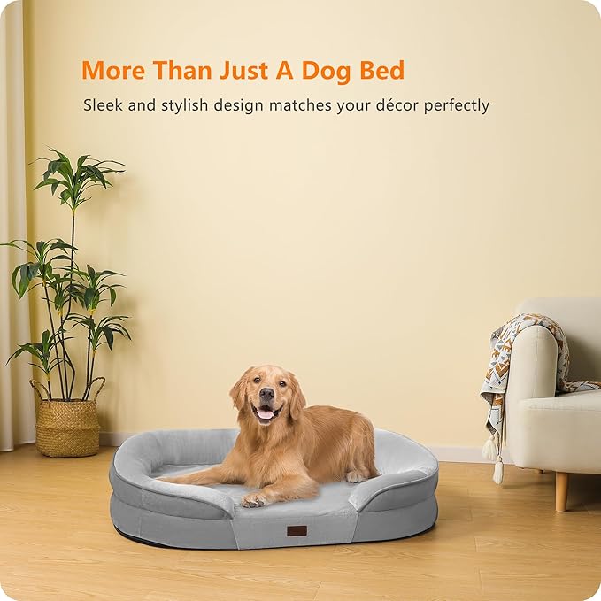 Dwanton Orthopedic Dog Bed for Large Dogs with Gel Memory Foam, Waterproof Dog Sofa, Washable Pet Bed with Four Sided Bolster Cushion, Removable Cover & Non-Slip Bottom, 42", Light Gray