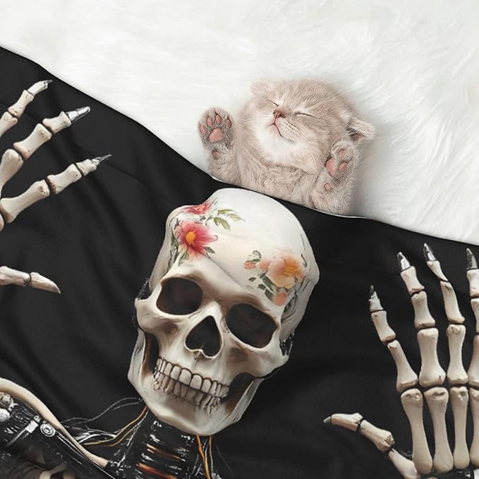Waterproof Dog Blanket Soft Pet Blanket for Puppy Cat, Fleece Cat Throw Blankets for Furniture Bed Couch Sofa Reversible - Cyber Skeleton with Tattoos