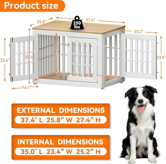 38" Heavy Duty Dog Crate Furniture for Small,Medium and Large Dogs,Rustic Wooden Dog Cage Kennel Indoor Furniture with Waterproof Top,Decorative Pet House Side End Table (White & Wood)