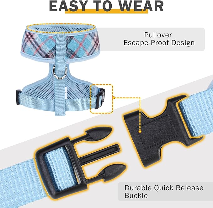 SCENEREAL Puppy Dog Harness with Leash Set for Small Medium Sized Dogs, Soft Mesh Pet Harnesses and Leash, No Chock Plaid Adjustable No Pull Vest for Dogs Cats, Chihuahua,Bulldog (Blue S)