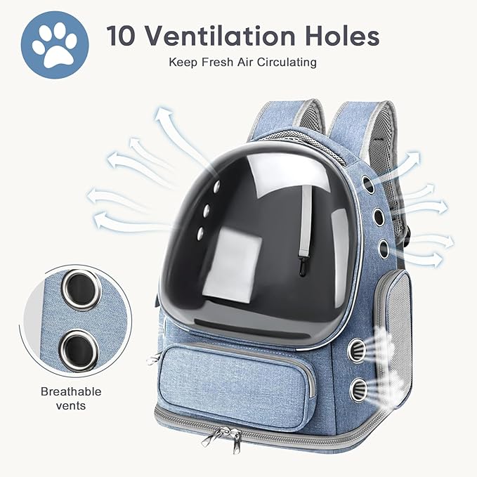 Cat Backpack Carrier, Breathable Cat Bubble Backpack for Kitty & Small Dog, Large Space Cat Carrier Backpack, Foldable Airline Approved Carrier for Trip Vet Travel up to 18lbs（Blue）