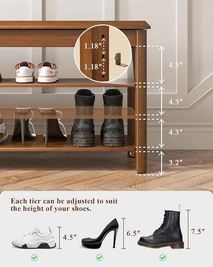 Shoe Rack Bench Seat Rubberwood 3-Tier Wooden Storage Bench 550lbs Compact