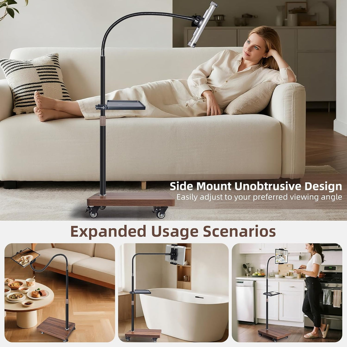 Rolling Tablet Holder Stand Adjustable Height & 360° Rotatable