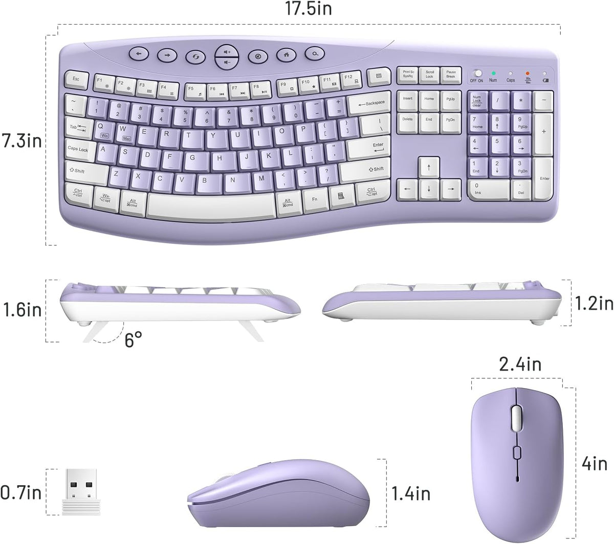 Wireless Keyboard and Mouse Combo Silent Ergonomic Curved Design for Office