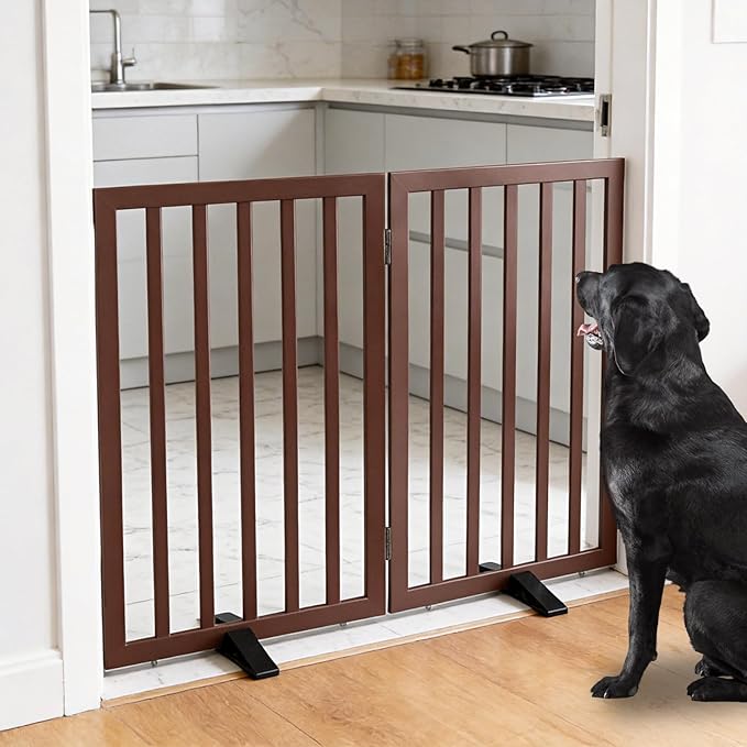 ZJSF Freestanding Indoor Dog Gate for House Foldable Wood Puppy Gate for Doorways Pet Gate for Stairs Extra Wide Pet Fence, Brown, 32" Height 2 Panels