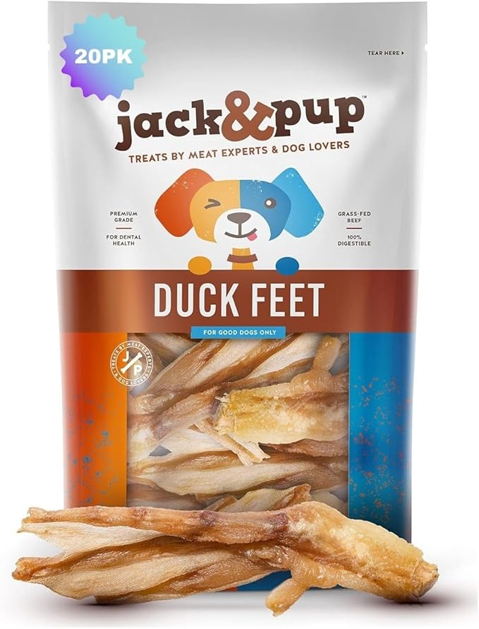 Jack&Pup Duck Feet for Dogs – All Natural Dog Chews, Single Ingredient Dehydrated Duck Feet Dog Treats – Great for Small & Medium Dogs (20 Count) Great Alternative to Chicken Feet