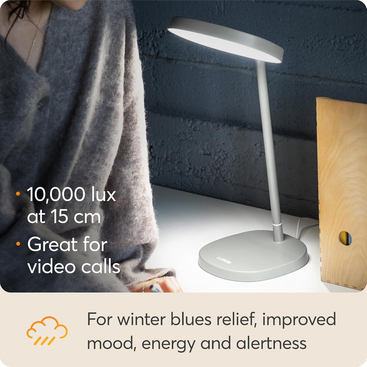 Lumie Task - 10,000 Lux Adjustable Bright Light Therapy Desk Lamp for Mood and Energy Boost and Winter Blues Relief, Crystal Clear Illumination and Maximum Visual Comfort - White Mist